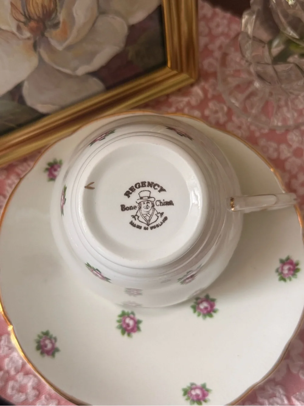 White Porcelain Teacup & Saucer Set with Pink Rose Accents